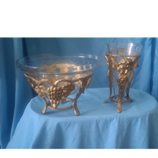 Ornate Glass Metal Bowl Set Diamond Cut Clear...