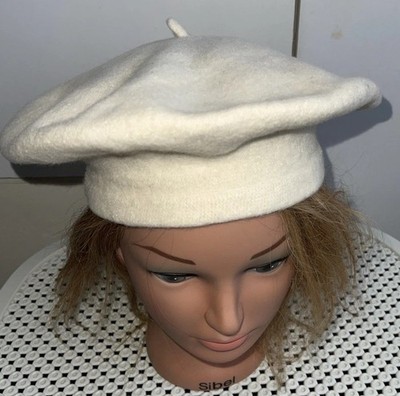 Vintage Wolle creme weiß vanille creme elfenbein Barett Mütze Kappe schick elegant Teeny Fehler