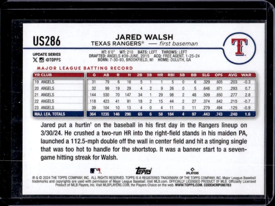 2024 Topps Update Jared Walsh Holiday #US286 Rangers - Image 2 of 2