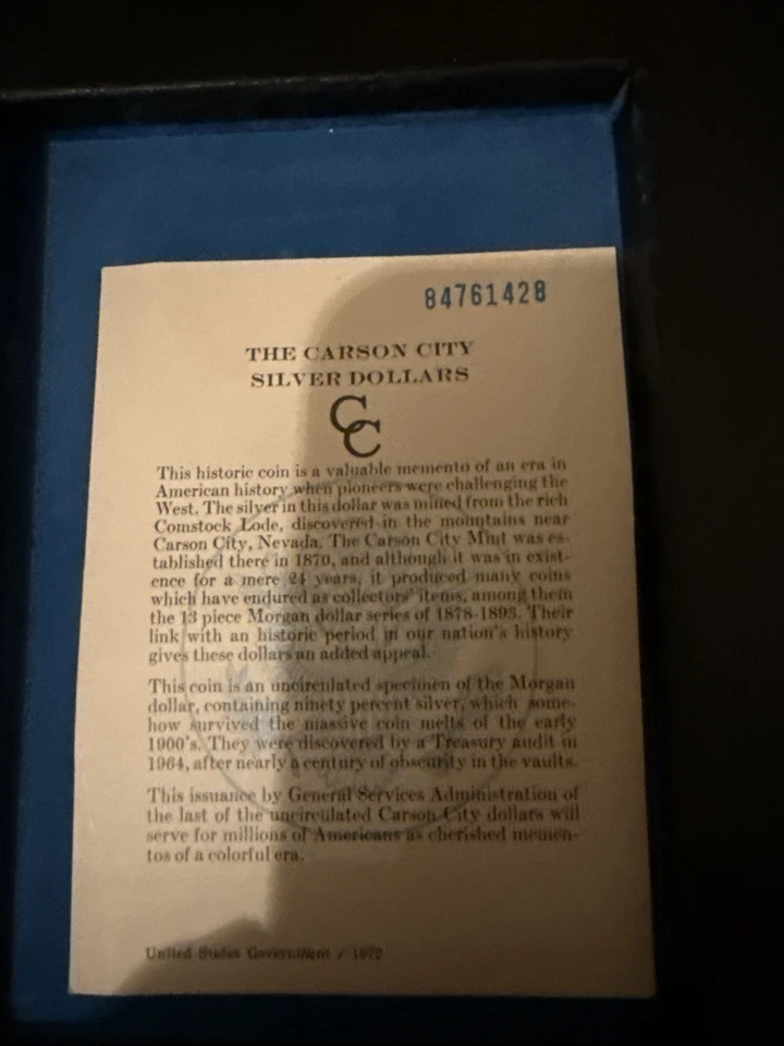 Dólar de plata Carson City 1884 sin circular con embalaje original y papeles Foto 2 de 3