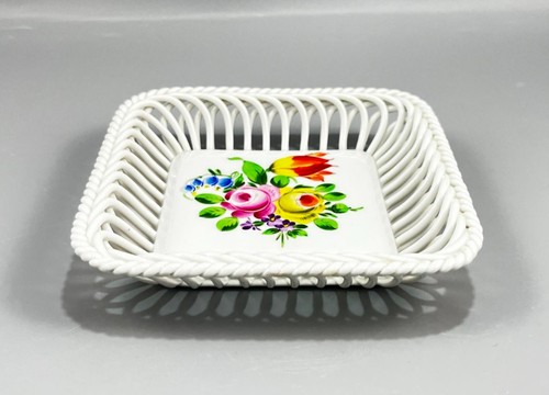 Herend Hungary Porcelain Floral Bouquet Reticulated Square Trinket Dish Tray 5" - Picture 3 of 10