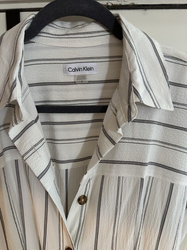 CALVIN KLEIN White Shirt Dress Size 4 S Small Belted Summer Gray Stripe Pockets - Picture 2 of 3