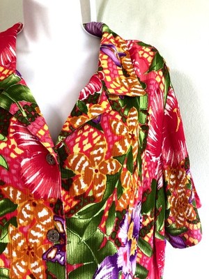 CM Shapes Aloha Shirt 1X Plus Rayon Crepe Tropic Floral Vintage 90s Button Up