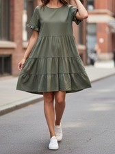 Boohoo Olive Smock Mini Dress Tiered Ruffle Sage Green Boho Chic Flowy Summer