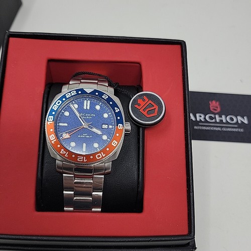 Archon Galleon GMT Dive Watch Men's Stainless Steel WR GN03 -200m 42mm Blue Oran - Picture 11 of 16