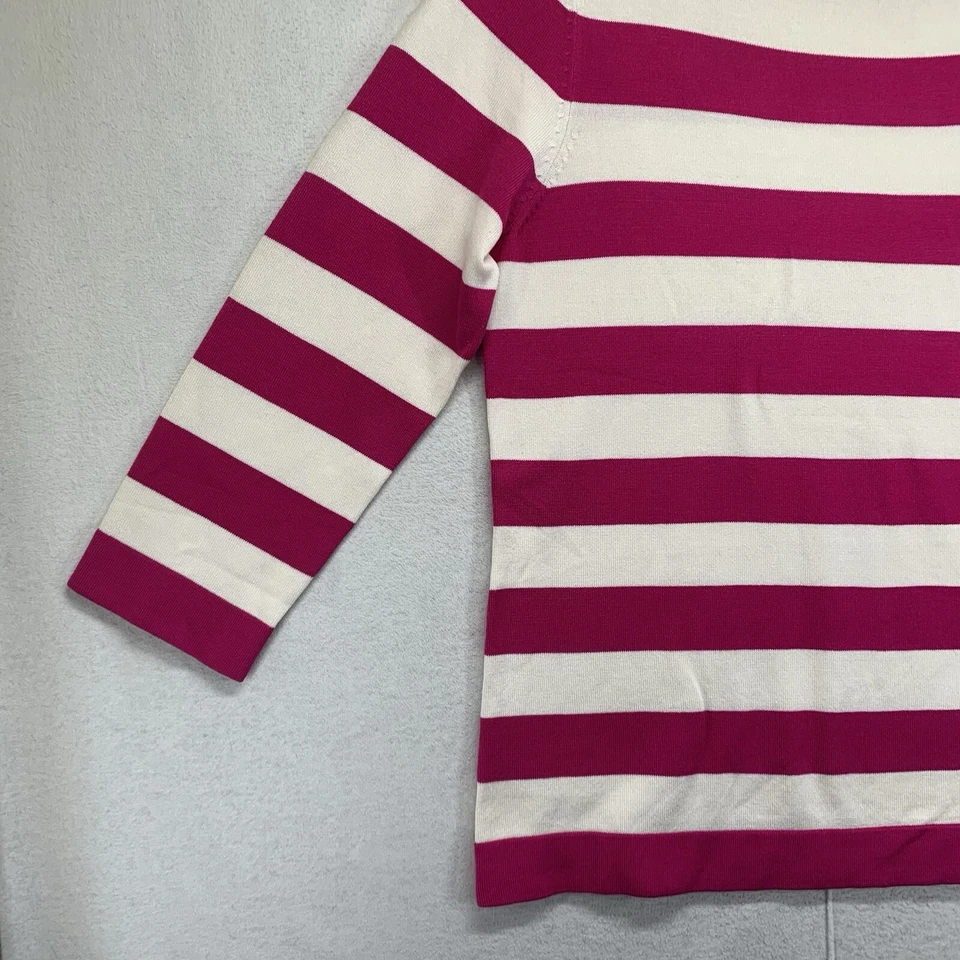 Top de mujer pequeño de seda de nailon a rayas magenta brillantes tejido grueso manga 3/4 Foto 3 de 4