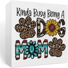 Dog Mom Wooden Box Sign - Sunflower Decor for Home or Office, 5x5 Inch