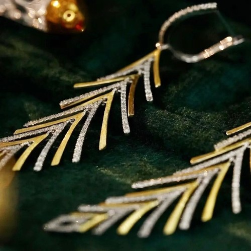 Fine Satin Leaf Fringe Solid 14K 2-Tone Gold Natural Diamond Women Earrings Gift - Picture 5 of 8
