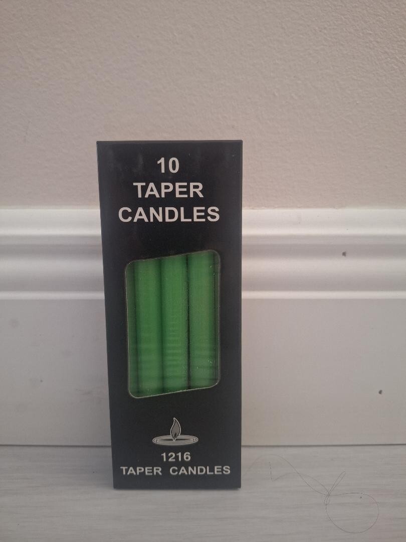 Green Taper Candles Set of 10 - 6.5 Inch 5-Hour Burn Time New Box-image