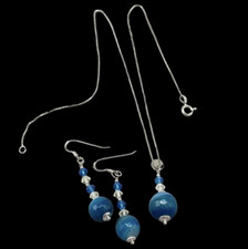 Parure Collier Vénitien Et Boucles D'Oreilles Pendantes De Perles Bleu Ronde À