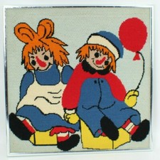 Vintage Colorful Raggedy Ann  Andy Completed And Framed Needlepoint