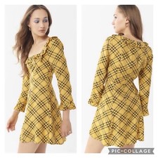 Urban Outfitters Kirsten Dress M Plaid Yellow Long Sleeve Preppy Mini Party