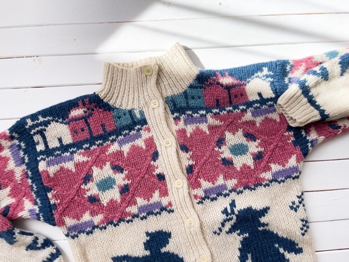 vtg Woolrich cream pink wool country chicken farm hand knit cardigan sweater - Picture 3 of 4
