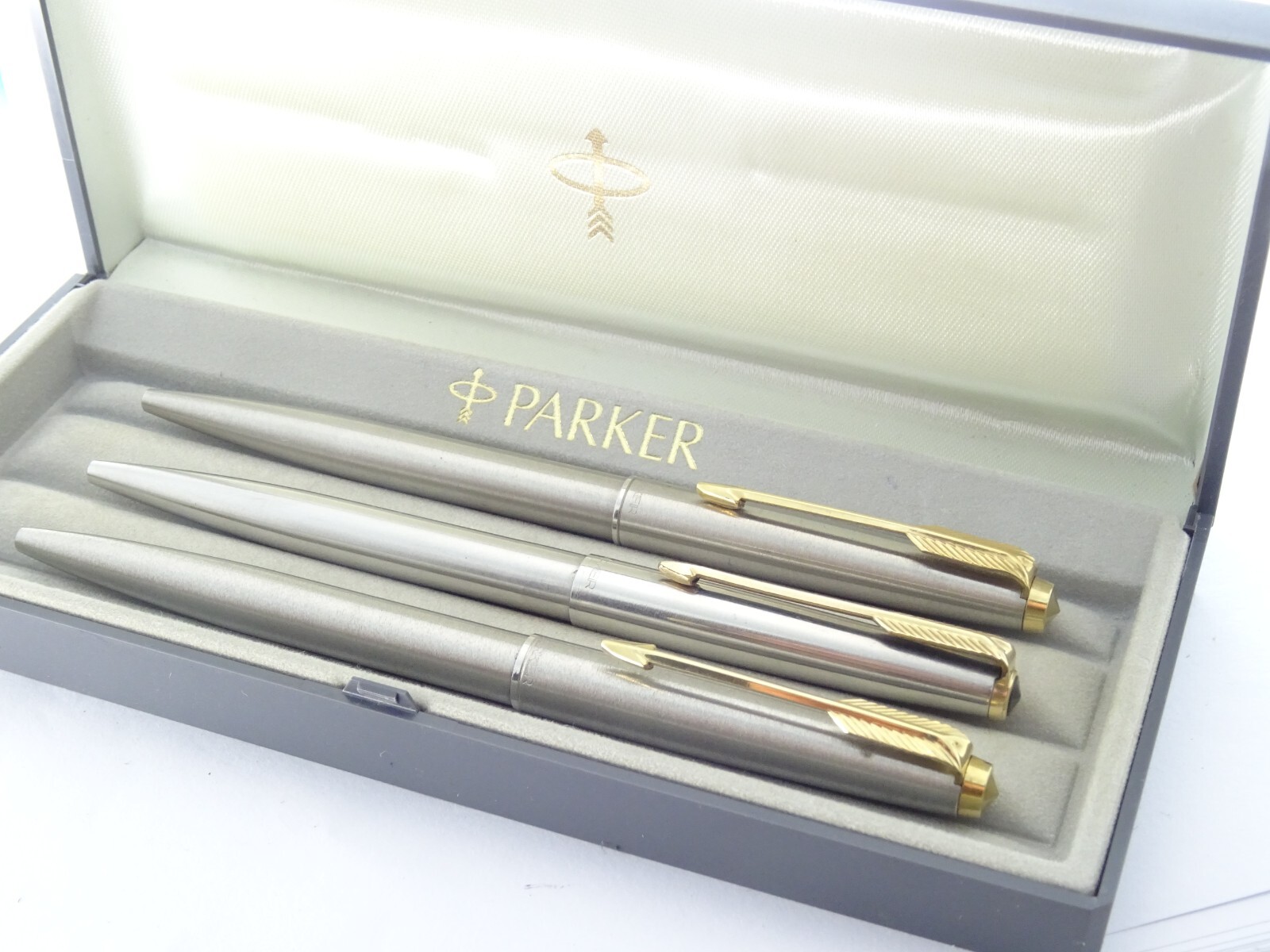 Boxed Vintage Set of 3 Brushed Steel Parker Ballpoint Pens eBay