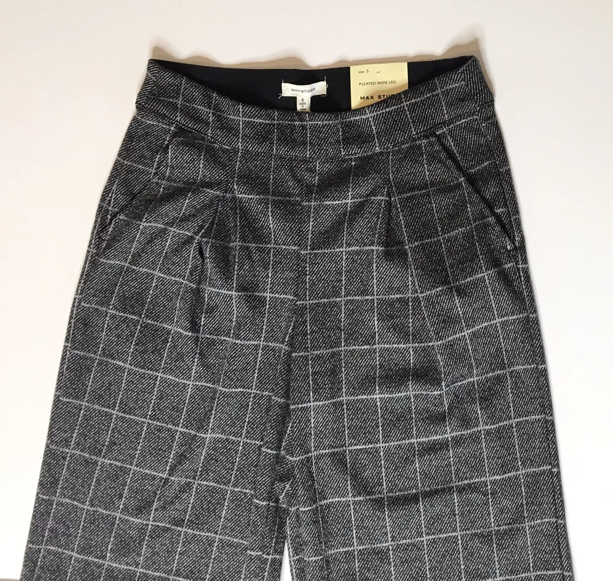 Max Studio Women s Small Pleated Wide Leg Gray Plaid Pants High Rise