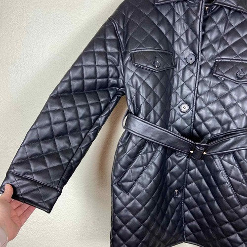New Topshop Quinn Faux Leather Jacket Black Quilted Belt Collar Pockets Size 4 - Picture 4 of 9