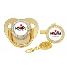 I love Mom  Dad baby pacifier Gold and Silver Pacifier With Chain  Clip
