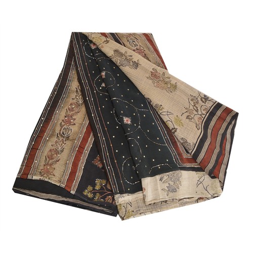 Sanskriti Vintage Sarees Ivory Hand Beaded Pure Crepe Silk Printed Sari Fabric - Picture 7 of 9
