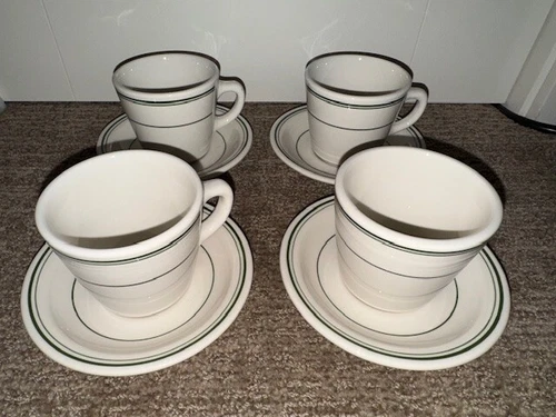 NOS 4 Homer Laughlin Green Stripe China Coffee Cup & Saucer Restaurant Ware #1