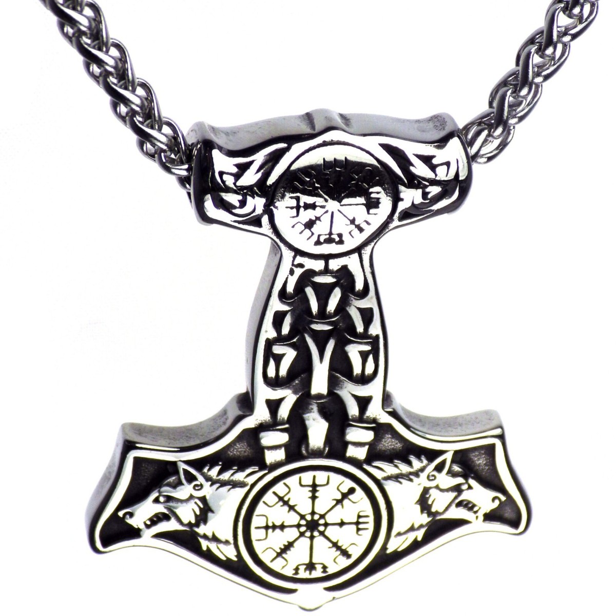 Norse Wolf Thors Hammer Necklace Stainless Steel Viking Vegvisir