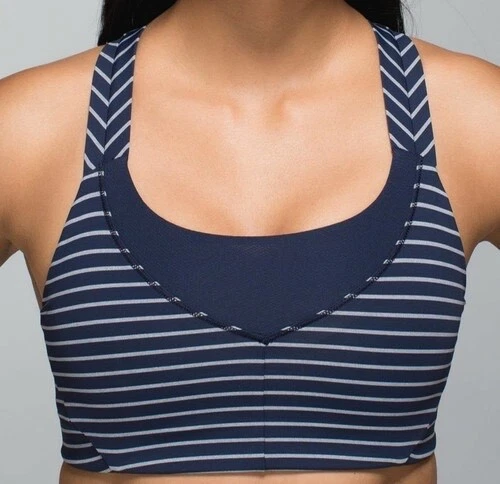 Sutiã esportivo Lululemon 6 On Your Way West2east Inkwell listrado em excelente estado usado + almofadas NOVAS! - Imagem 2 de 4