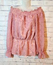 Pink Textured Floral Off Shoulder Ruffle Blouse Romantic Fairy M