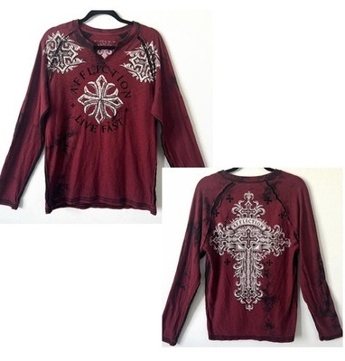 Affliction Shirt Mens L Red Black Live Fast Graphic Cross Long Sleeve Velvet