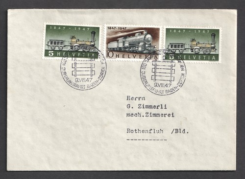 Switzerland 1947 Railway Baden Zurich 10c + 5c x 2 FDC. First Day Cover. Trains - Picture 2 of 3