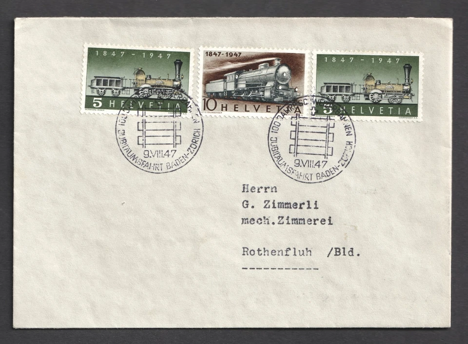 Switzerland 1947 Railway Baden Zurich 10c + 5c x 2 FDC. First Day Cover. Trains - Image 2 of 3
