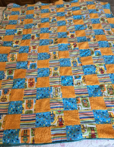 Robots Patch Quilt Blanket Kids Baby Flannel & Chenille Handmade - Picture 2 of 4