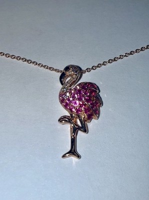 EFFY Solid 14K Rose Gold Ruby Diamond Pave Safari Flamingo Pendant Necklace 18 