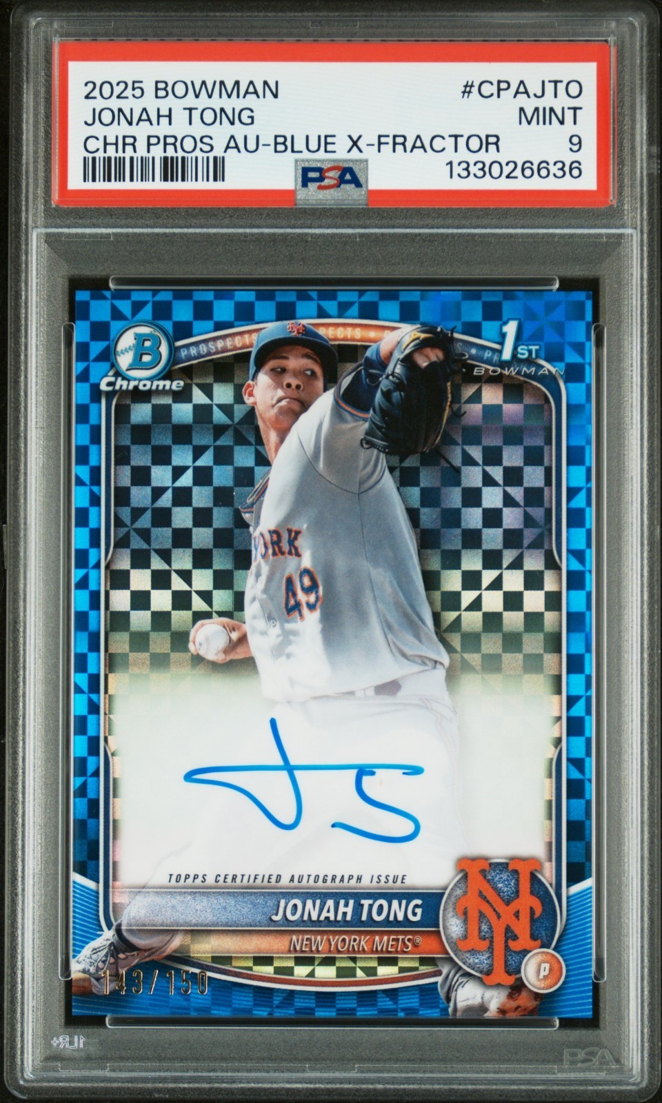 2025 Bowman Chrome 1st Jonah Tong AUTO BLUE X-Fractor REFRACTOR /150 PSA 9 RC