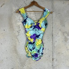 Vintage 90s Esther Williams one piece blue purple yellow abstract ruched 10/med