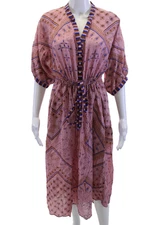 Xirena Womens Kaftan Shirt Dress Pink Paisley V-Neck Midi 3/4 Sleeve Size M