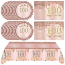 41 PCS 100th Birthday Decorations Rose Gold Plates Napkins Tablecloth Girl