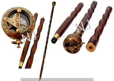 Nautical Spiral Wooden Walking Stick Cane Brass Push Button Sundial Compass Gift