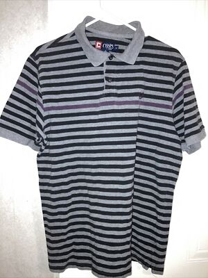 Chaps Est. 1978 Polo Shirt Size L Black Gray Pique Striped Short Sleeved Logo