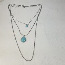 Faux Turquoise Pendant Silver Tone Necklace Multi Strand 20"