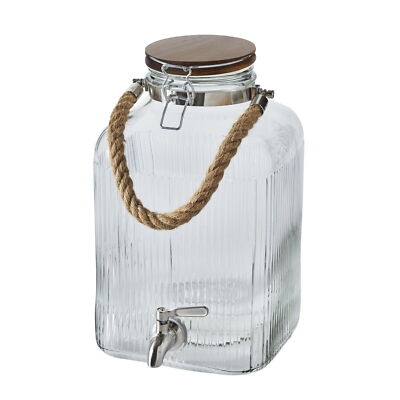 Better Homes & Gardens Ribbed Glass Beverage Dispenser with Wooden Lid, 2-Gallon