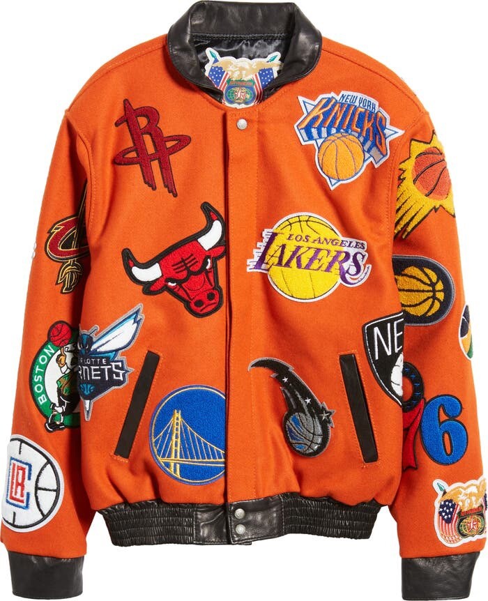 ジャケット・アウター JEFF HAMILTON NBA WOOL LEATHER JACKET Jeff Hamilton NBA Teams Logo Patch Wool Leather Jacket