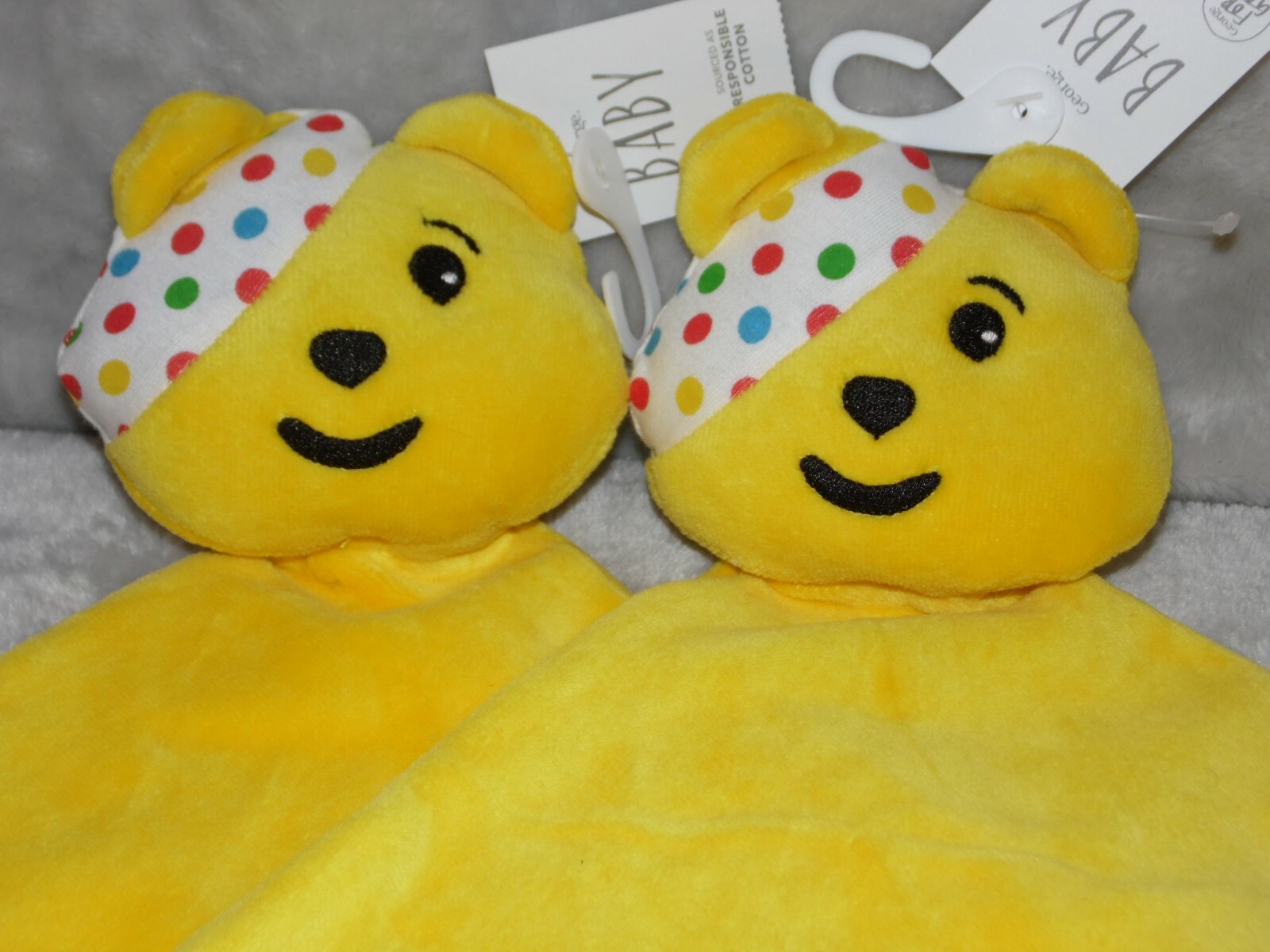 Asda Pudsey bear comforter soft toy TWO NEW yellow teddy blankie