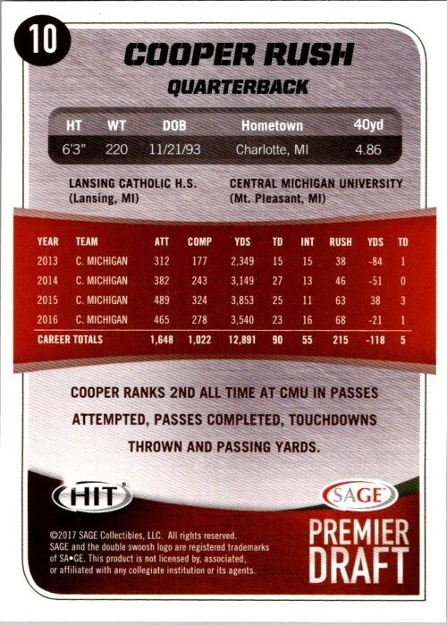 2017 Sage Hit Red Cooper Rush #10 Rookie RC Central Michigan Dallas Cowboys - Image 2 of 2