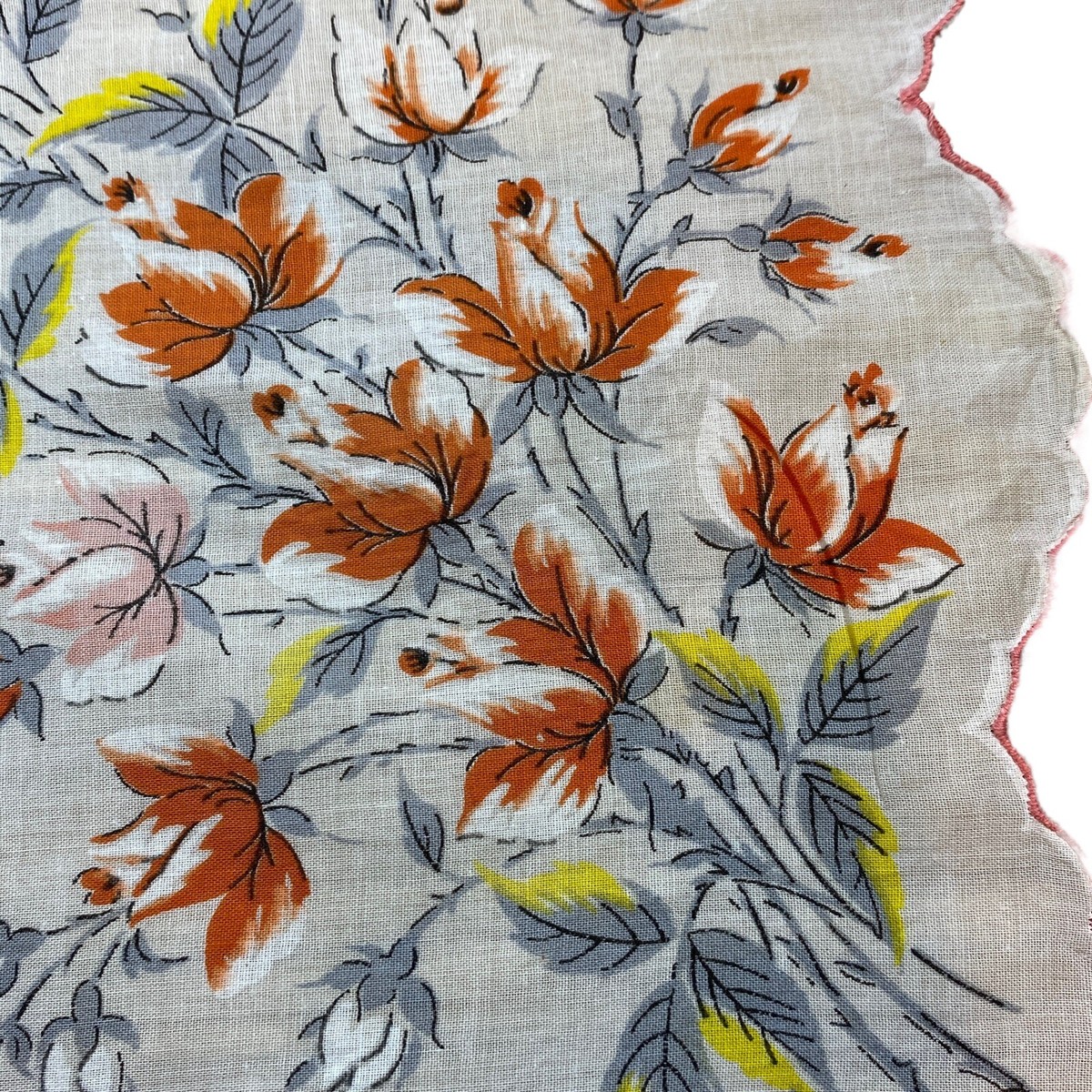 NOS Vtg White Peach Melon Blossoms Floral Handkerchief 13” Hanky