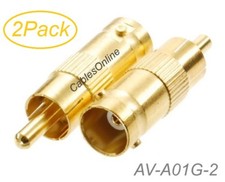 2-Pack BNC Female to RCA Male Gold Plated 75ohm Coax Adapter, AV-A01G-2