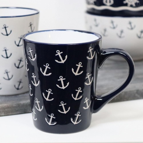 Nautical Mugs Set of 6 Stoneware Blue and White Ships Wheel Sea Anchor Fish Cups - Picture 5 of 7