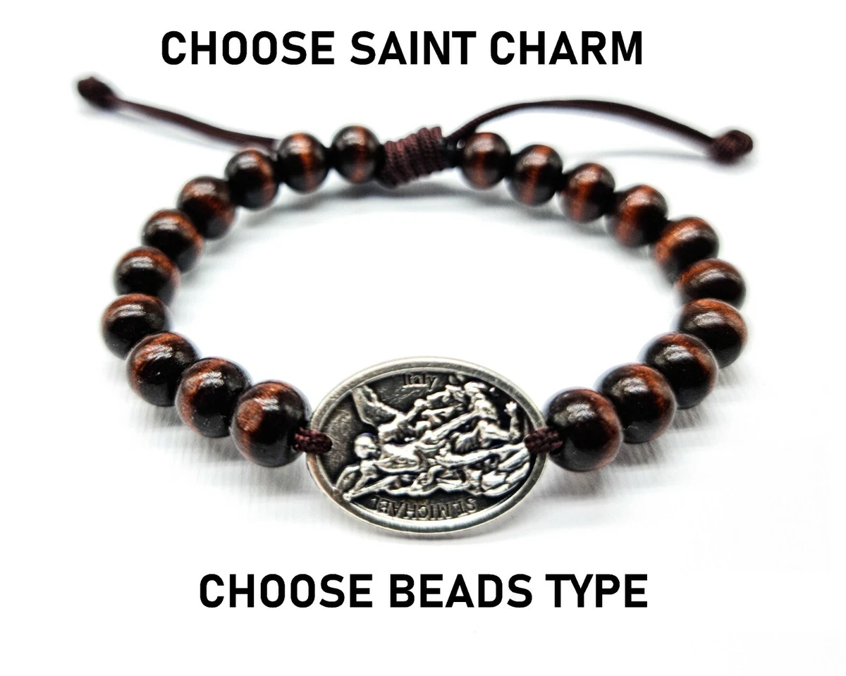 Saint Michael Bracelet St Michael Medal Charm Wooden Catholic Bracelet