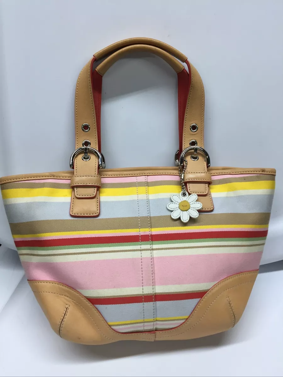 Coach 4434 Daisy Striped Tan Leather Trim Satchel Shoulder Bag