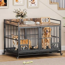 Large Dog Crate Furniture with Removable Divider Double Doors & Locks Design