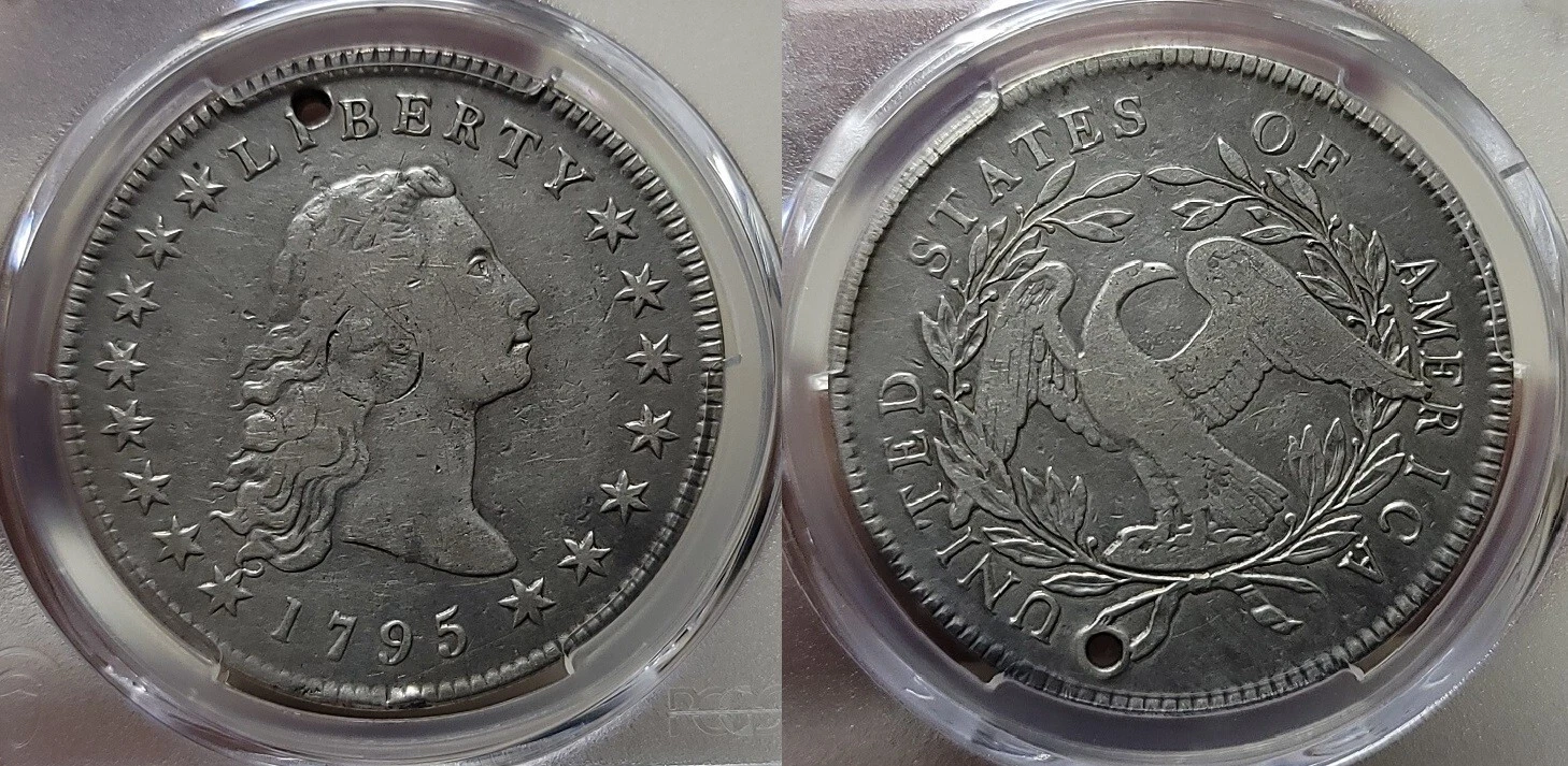1795 Silver Plug Variety Flowing Hair Dollar $1 PCGS VF Detail Holed