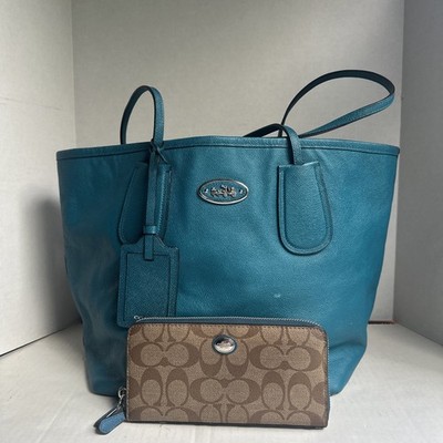 Coach Taxi Leather Zip Top Tote Silver Teal F33915 & Peyton Signature Zip Wallet